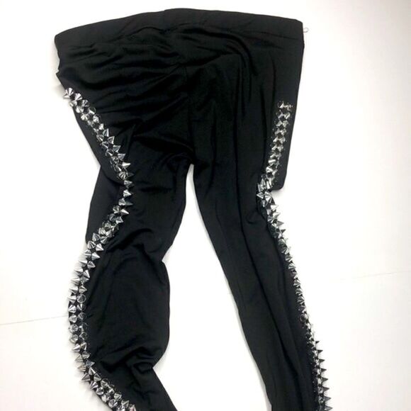 Silver Studded Black Leggings S/M Goth Clubwear Grunge Burlesque - Picture 7 of 11
